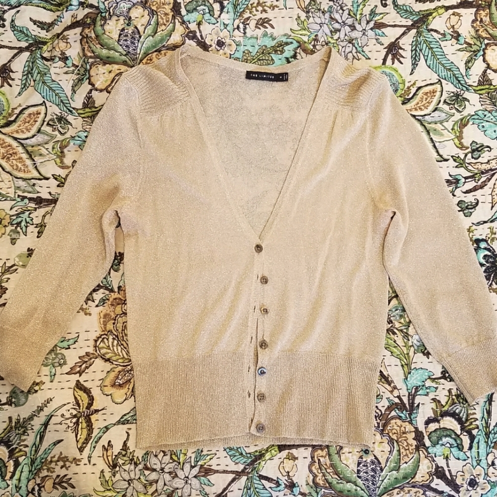 Metallic gold 3/4 sleeve button down sweater